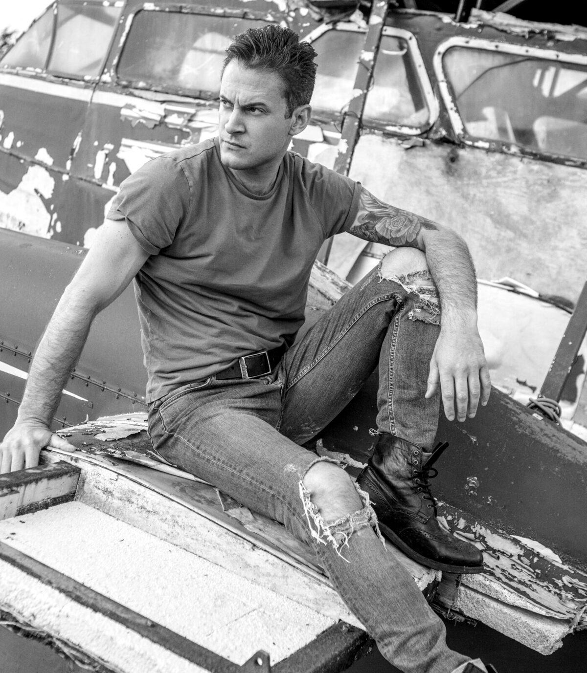 Gary Lucy, British actor, black and white editorial portrait